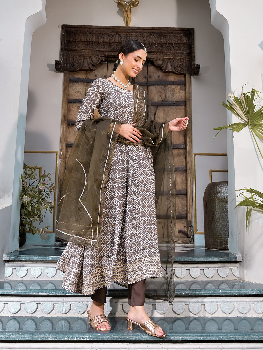 Eshani Brown Asymetric Print Muslin Anarkali kurta pant with Dupatta Set