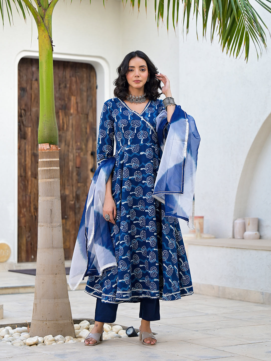 Eshani Indigo Blue HandBlock Print Cotton Anarkali Kurta Set with Organza Dupatta