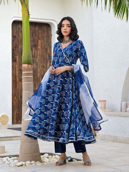 Eshani Indigo Blue HandBlock Print Cotton Anarkali Kurta Set with Organza Dupatta