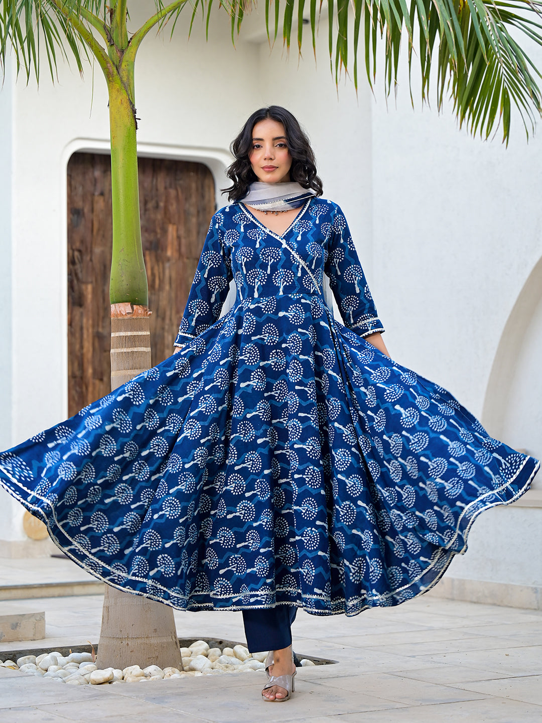 Eshani Indigo Blue HandBlock Print Cotton Anarkali Kurta Set with Organza Dupatta