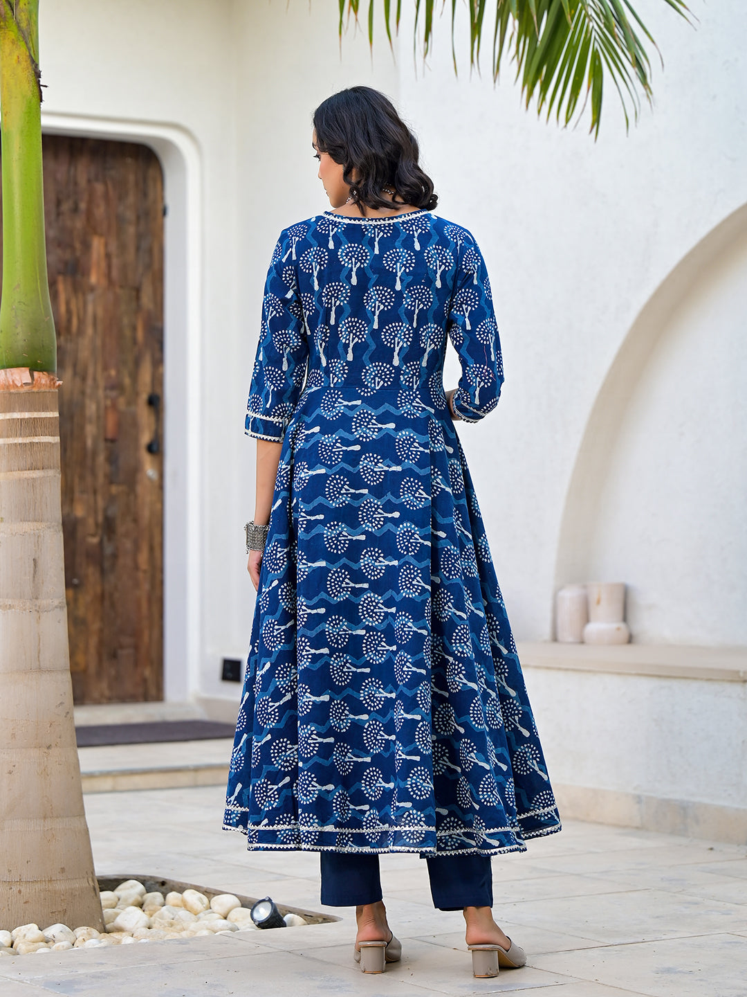 Eshani Indigo Blue HandBlock Print Cotton Anarkali Kurta Set with Organza Dupatta