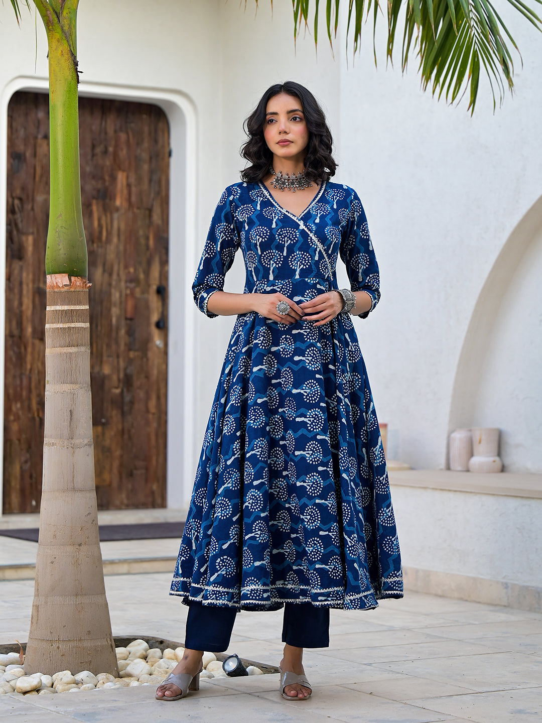 Eshani Indigo Blue HandBlock Print Cotton Anarkali Kurta Set with Organza Dupatta