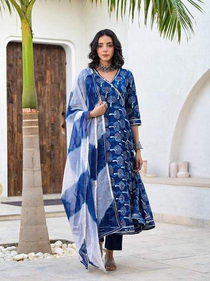 Eshani Indigo Blue HandBlock Print Cotton Anarkali Kurta Set with Organza Dupatta