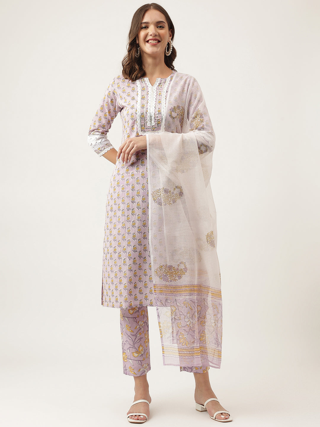 Eshani Lavender Hand Block Printed Cotton Kurta, Trouser with Kota Doria Dupatta Set