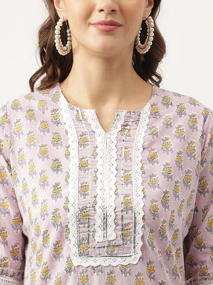 Eshani Lavender Hand Block Printed Cotton Kurta, Trouser with Kota Doria Dupatta Set