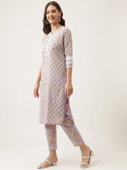 Eshani Lavender Hand Block Printed Cotton Kurta, Trouser with Kota Doria Dupatta Set