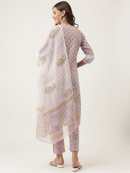 Eshani Lavender Hand Block Printed Cotton Kurta, Trouser with Kota Doria Dupatta Set