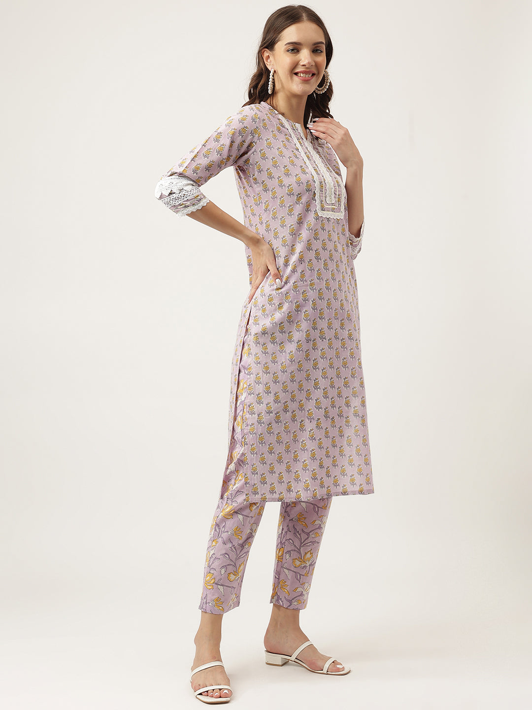 Eshani Lavender Hand Block Printed Cotton Kurta, Trouser with Kota Doria Dupatta Set