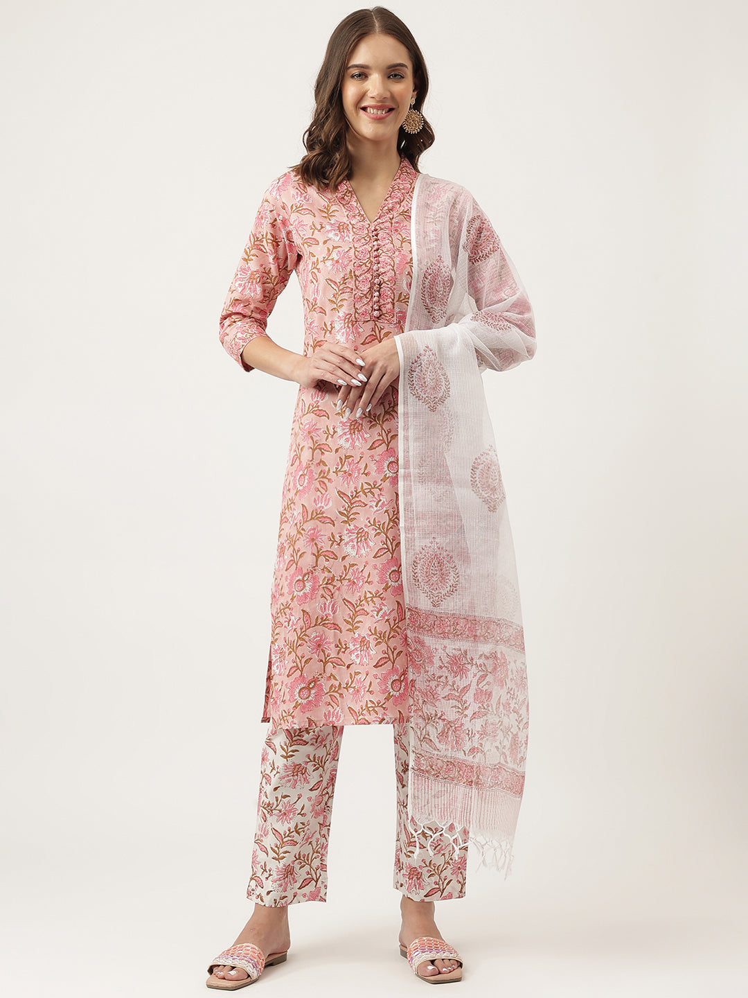 Eshani Pink hand block Floral Printed Cotton Kurta, trousers with Dupatta Set