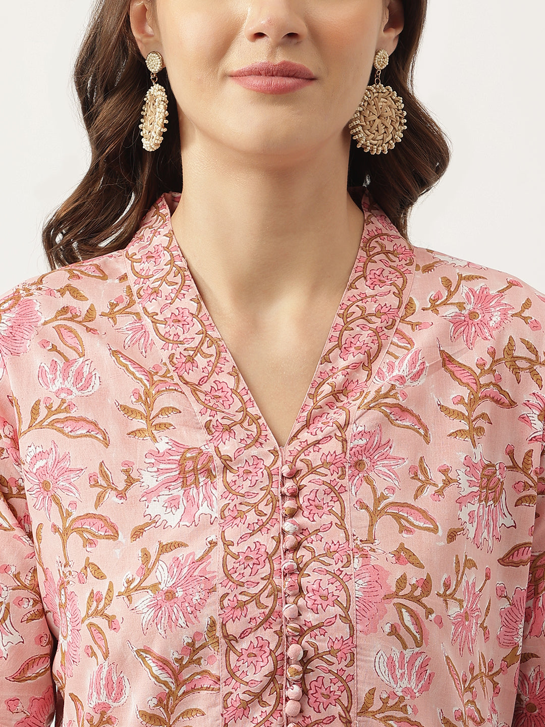 Eshani Pink hand block Floral Printed Cotton Kurta, trousers with Dupatta Set