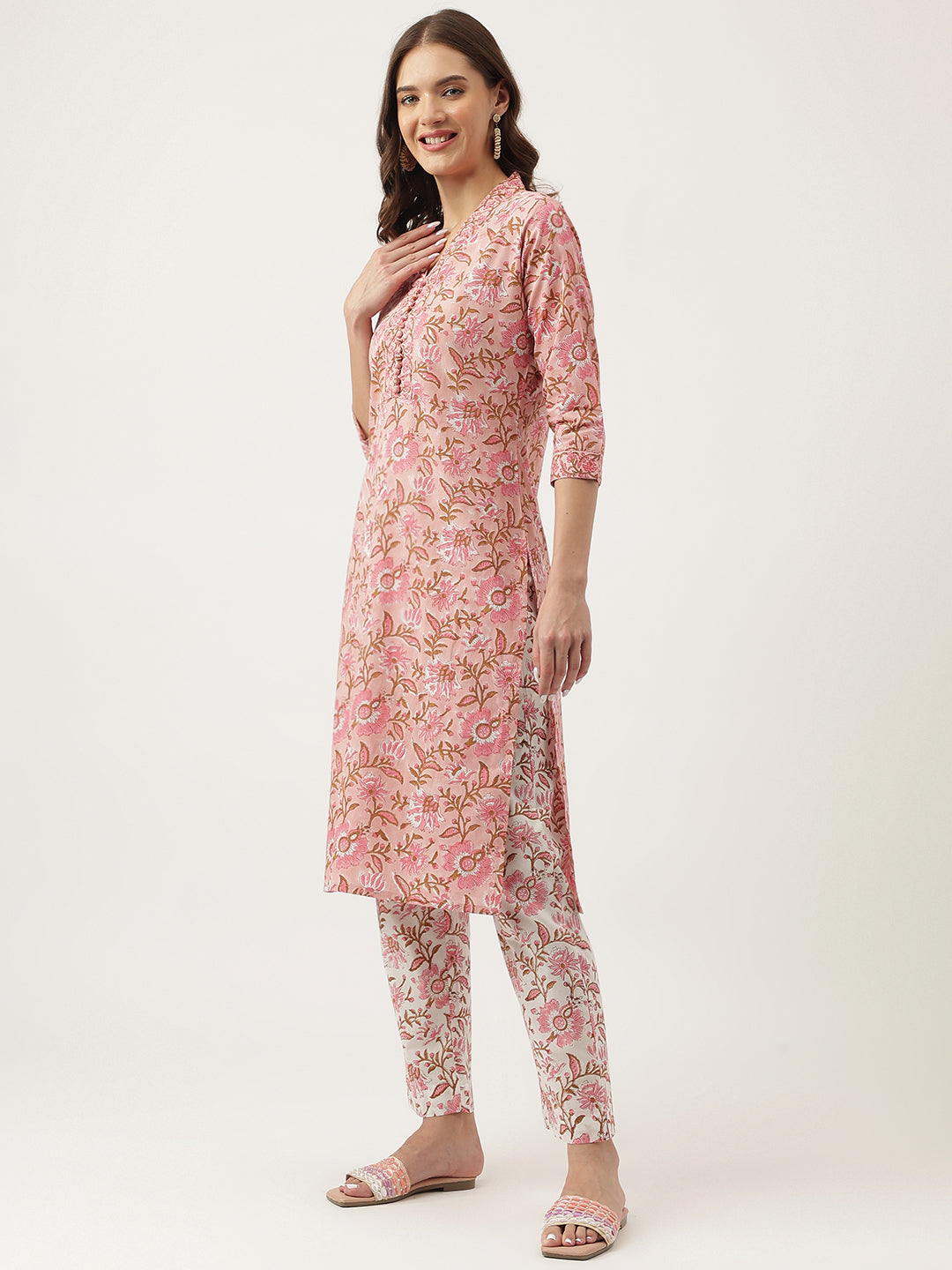 Eshani Pink hand block Floral Printed Cotton Kurta, trousers with Dupatta Set