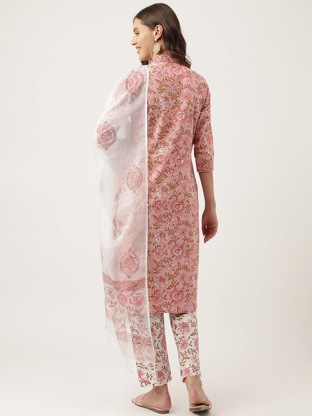 Eshani Pink hand block Floral Printed Cotton Kurta, trousers with Dupatta Set