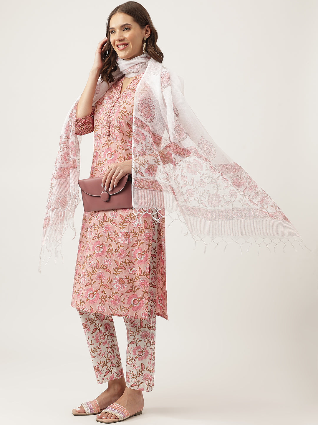 Eshani Pink hand block Floral Printed Cotton Kurta, trousers with Dupatta Set