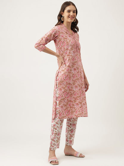 Eshani Pink hand block Floral Printed Cotton Kurta, trousers with Dupatta Set