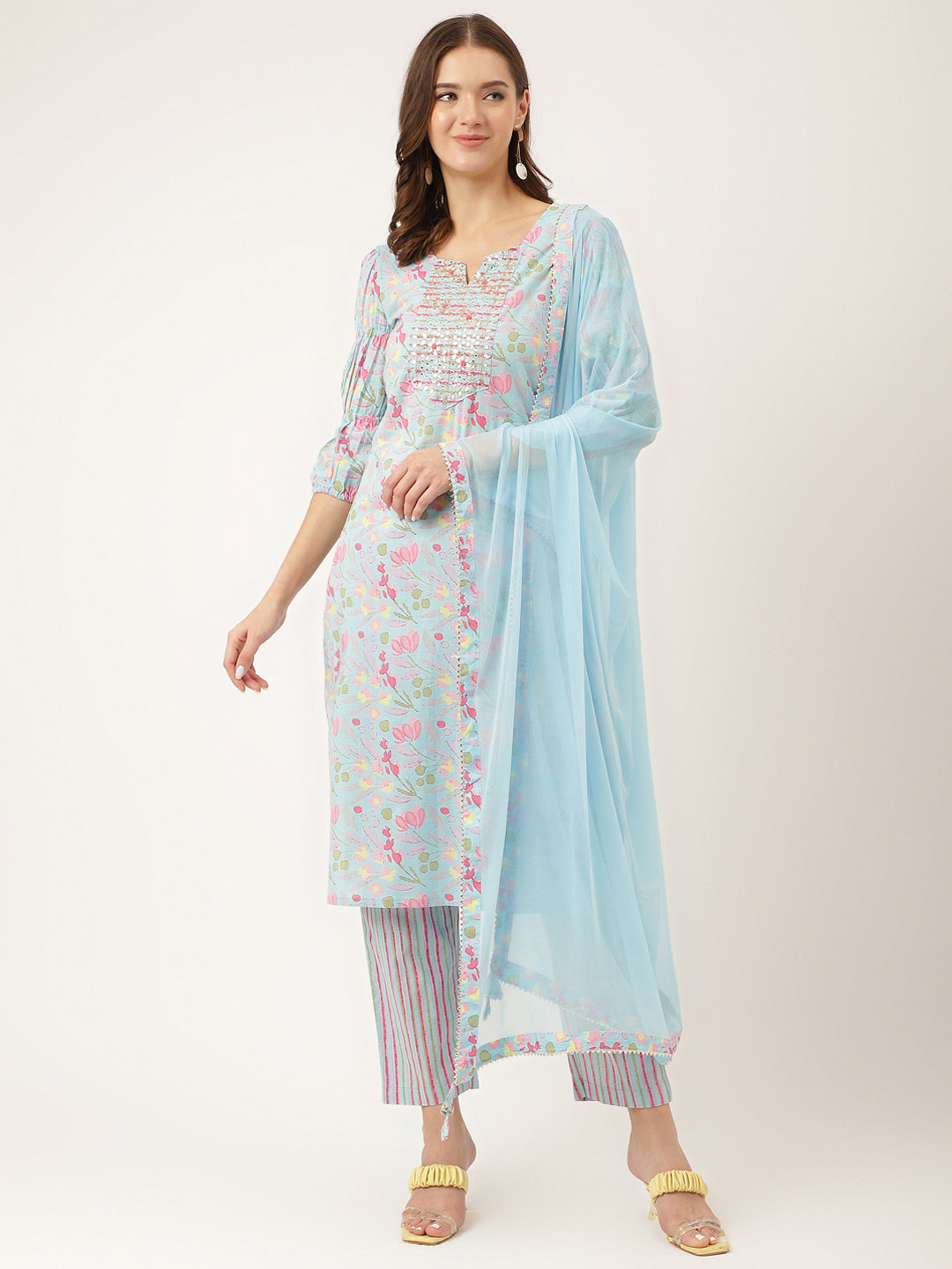 Eshani Blue Floral Print Cotton  Kurta, Trouser With Dupatta