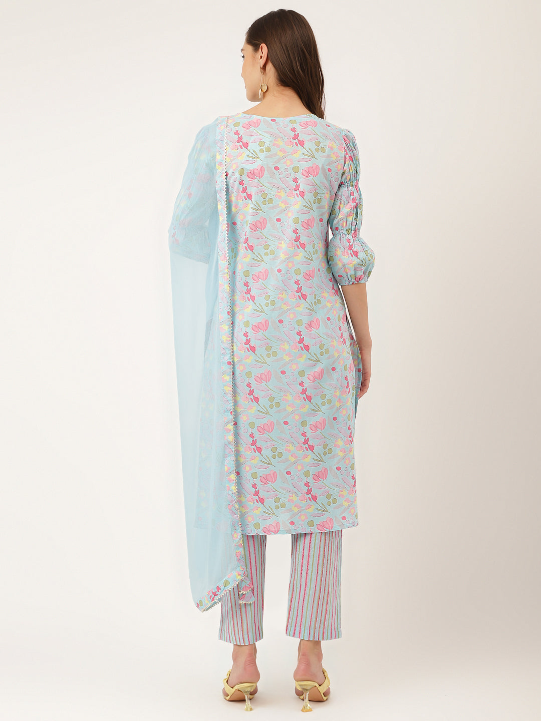 Eshani Blue Floral Print Cotton  Kurta, Trouser With Dupatta