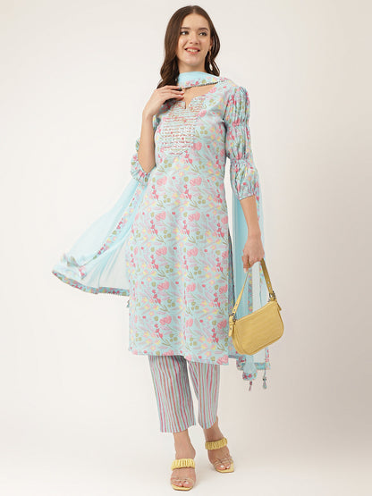 Eshani Blue Floral Print Cotton  Kurta, Trouser With Dupatta