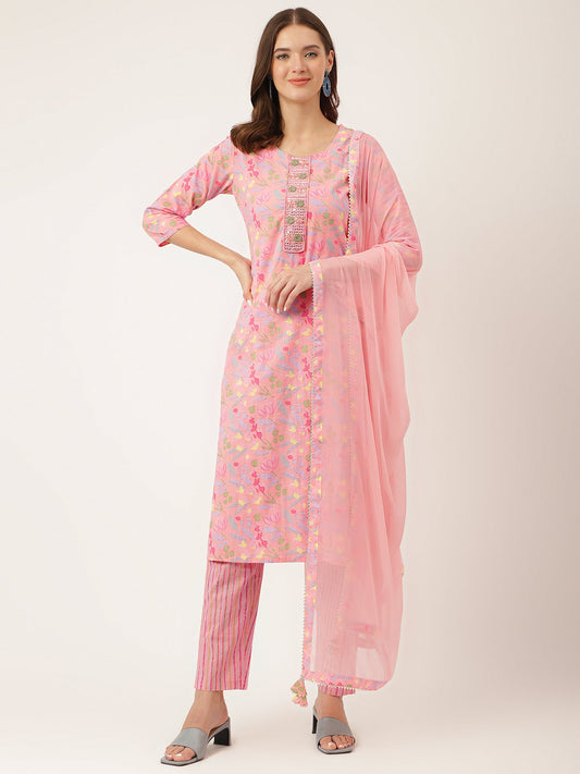 Eshani Pink Floral Print Cotton  Kurta, Trouser With Dupatta