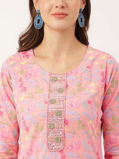 Eshani Pink Floral Print Cotton  Kurta, Trouser With Dupatta