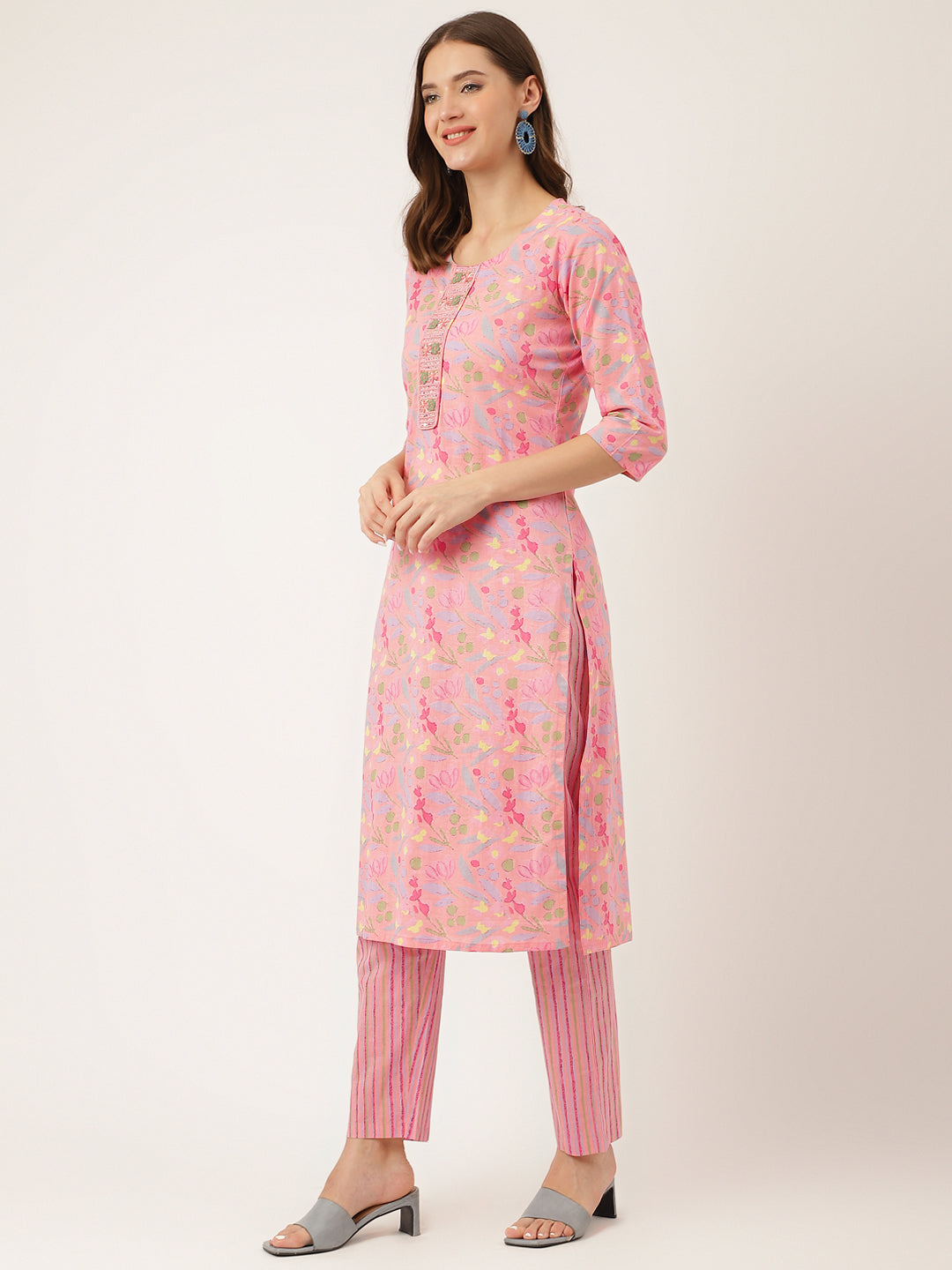 Eshani Pink Floral Print Cotton  Kurta, Trouser With Dupatta