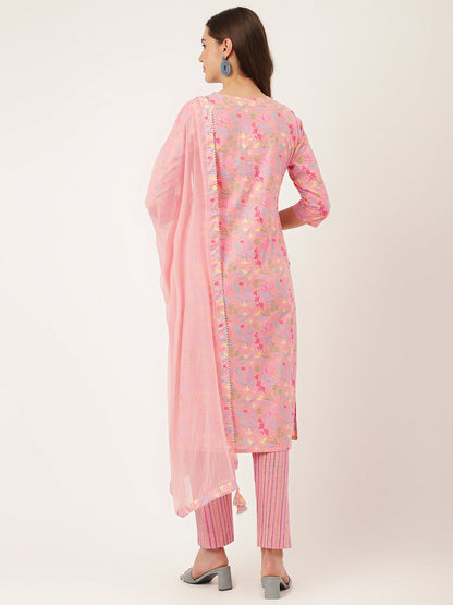 Eshani Pink Floral Print Cotton  Kurta, Trouser With Dupatta