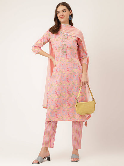 Eshani Pink Floral Print Cotton  Kurta, Trouser With Dupatta