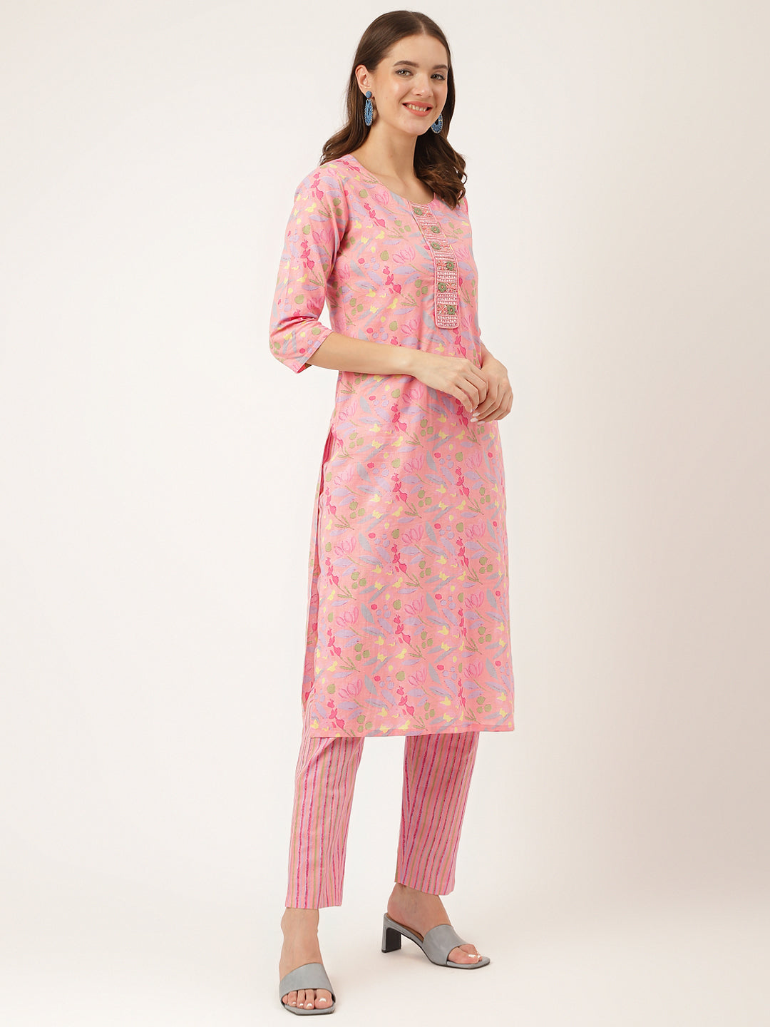 Eshani Pink Floral Print Cotton  Kurta, Trouser With Dupatta