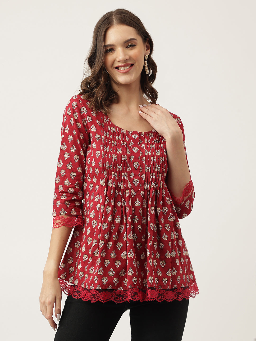 Eshani Maroon Floral Printed Cotton Peplum Top