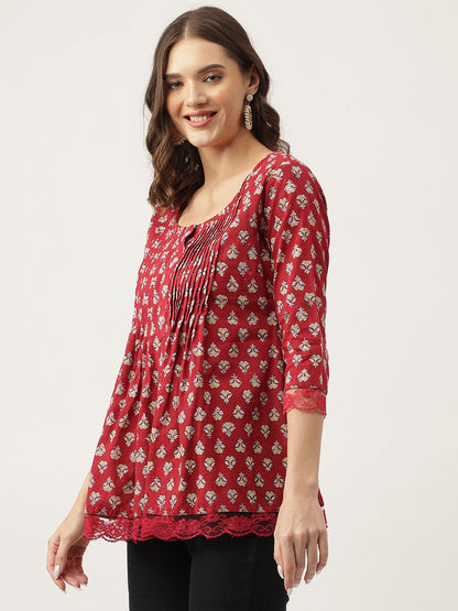 Eshani Maroon Floral Printed Cotton Peplum Top