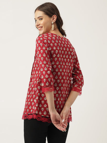 Eshani Maroon Floral Printed Cotton Peplum Top