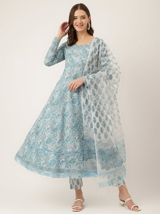 Eshani Sky Blue Hand Block Floral Print Cotton Kurta, Trouser With Dupatta