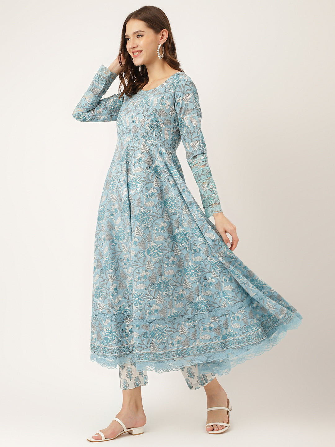 Eshani Sky Blue Hand Block Floral Print Cotton Kurta, Trouser With Dupatta