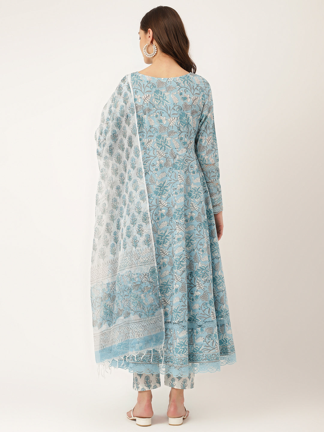 Eshani Sky Blue Hand Block Floral Print Cotton Kurta, Trouser With Dupatta