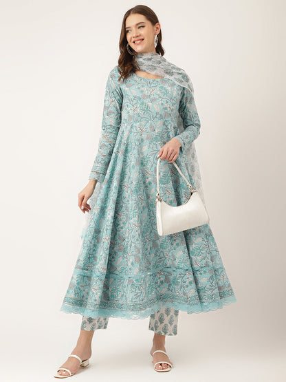 Eshani Sky Blue Hand Block Floral Print Cotton Kurta, Trouser With Dupatta