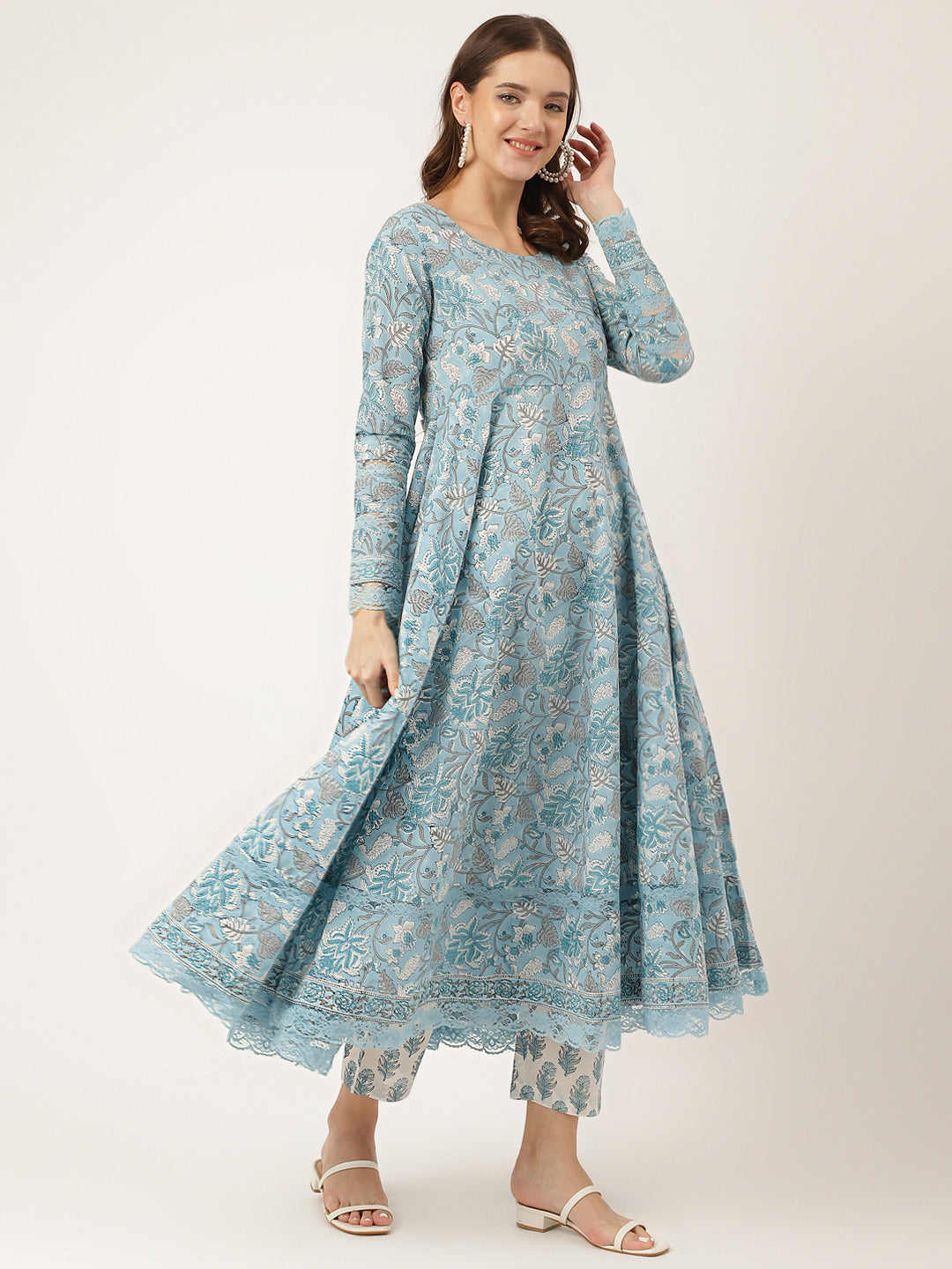 Eshani Sky Blue Hand Block Floral Print Cotton Kurta, Trouser With Dupatta