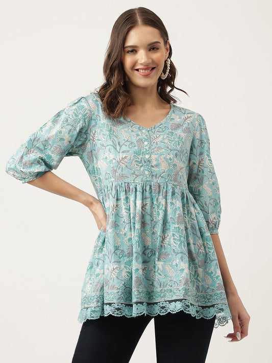 Eshani Light Blue Floral Printed Cotton Peplum Fit Top