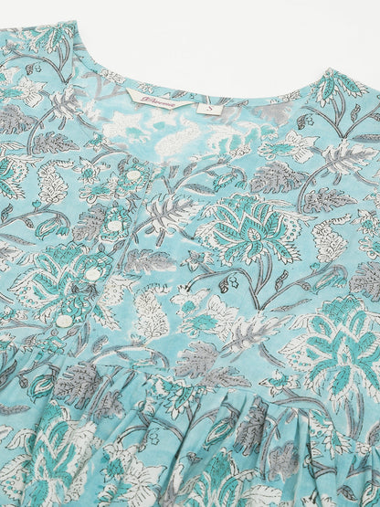 Eshani Light Blue Floral Printed Cotton Peplum Fit Top