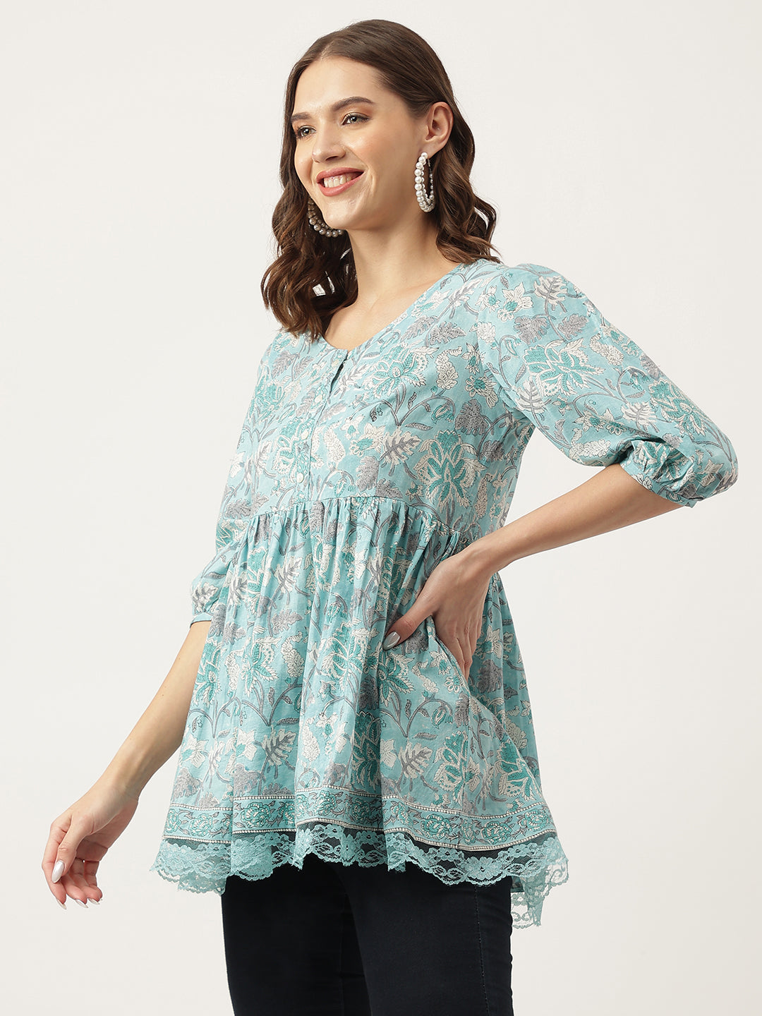 Eshani Light Blue Floral Printed Cotton Peplum Fit Top