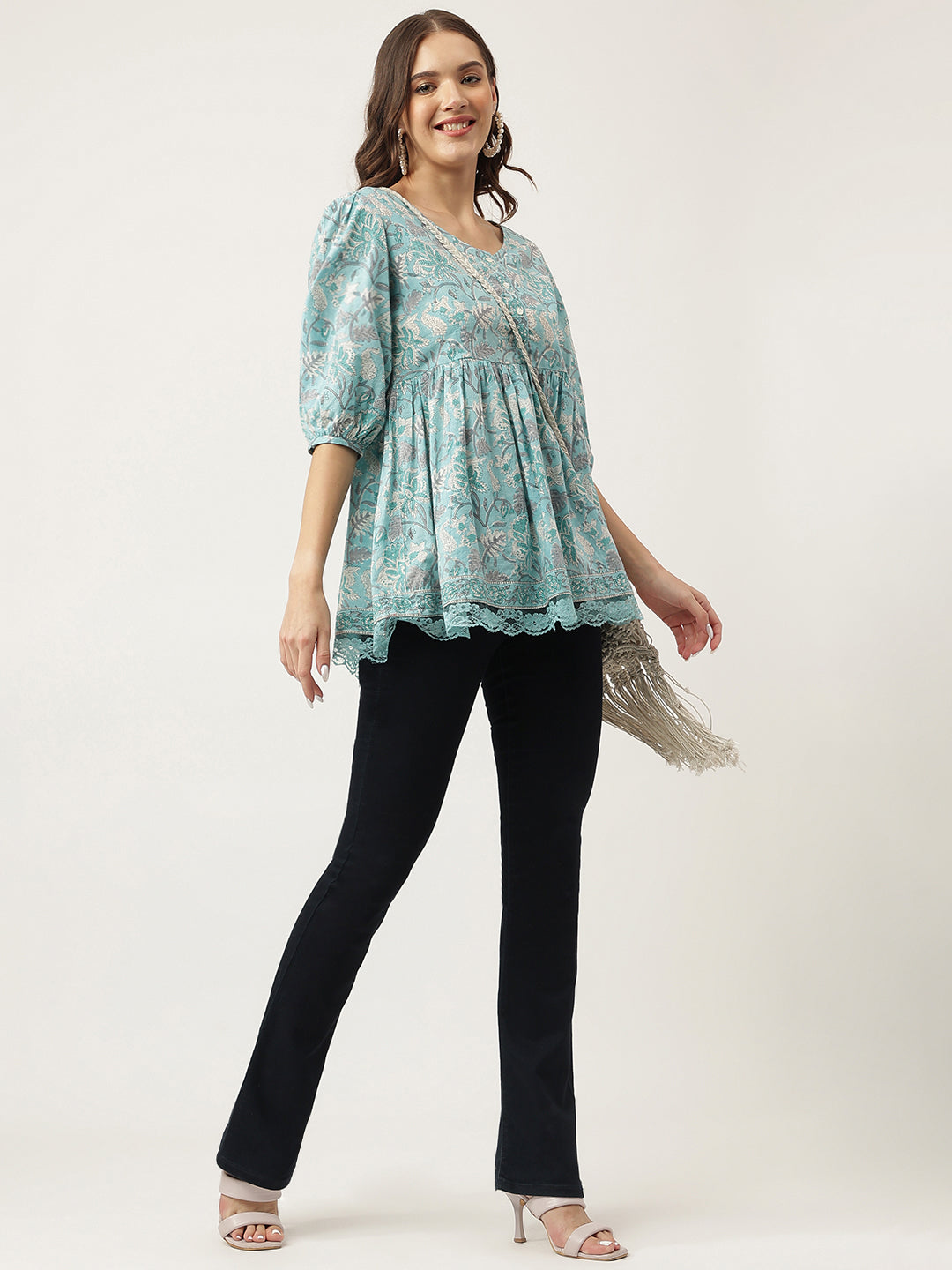 Eshani Light Blue Floral Printed Cotton Peplum Fit Top