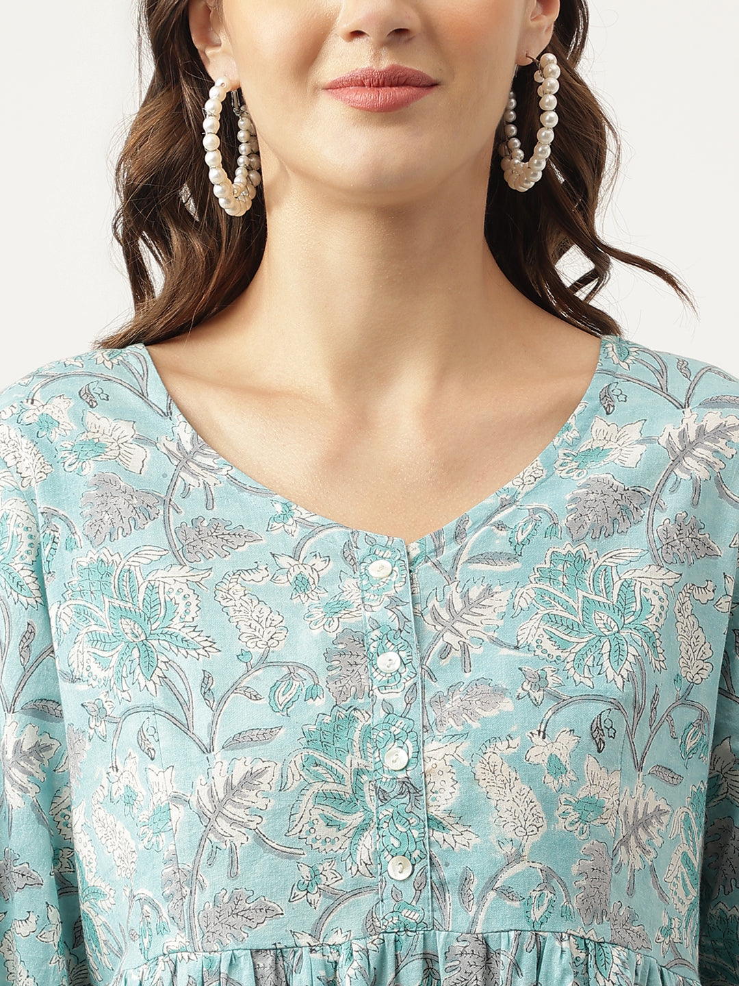 Eshani Light Blue Floral Printed Cotton Peplum Fit Top