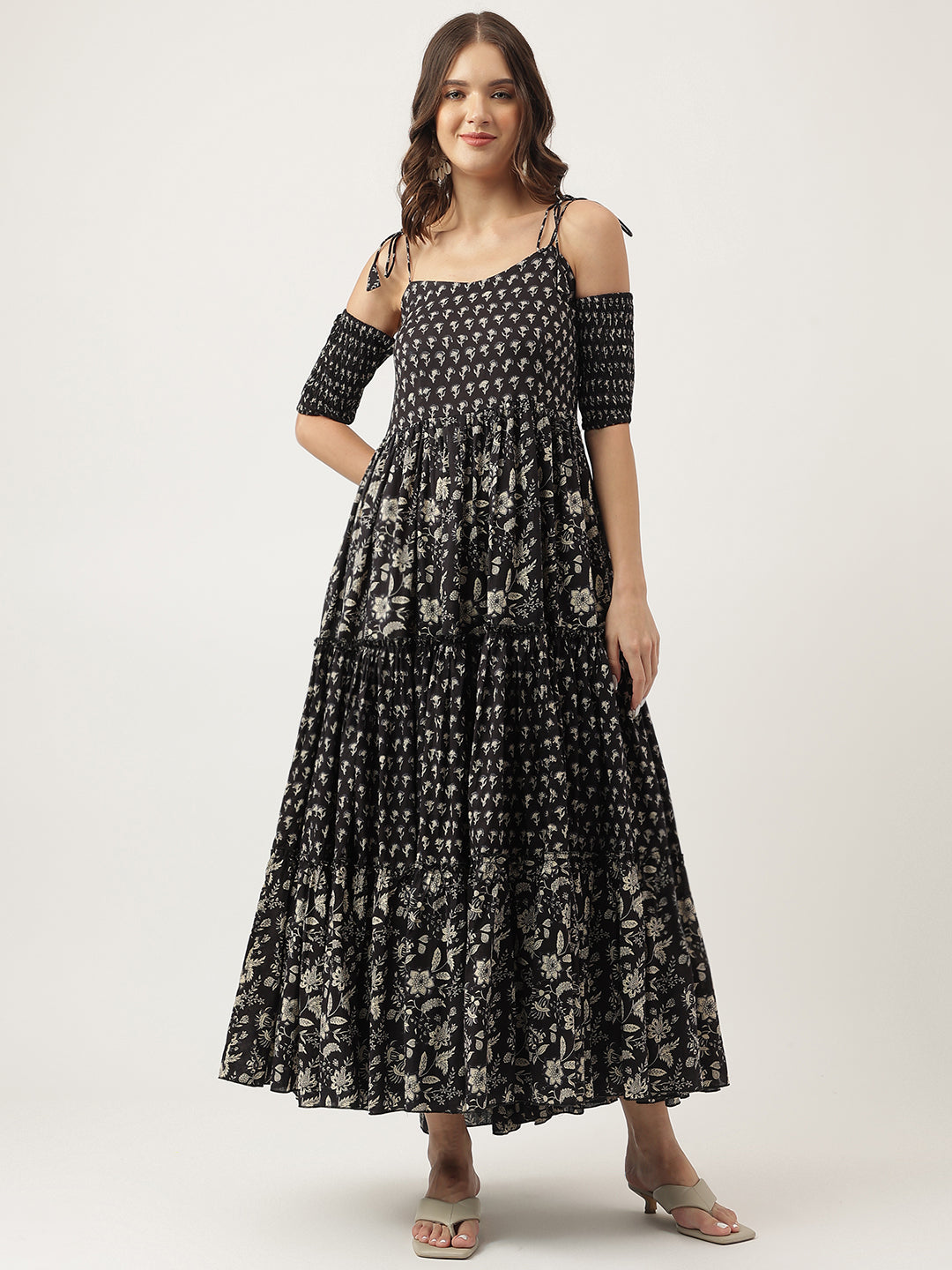 Eshani Floral Printed Cotton Cold Shoulder Tiered Dress