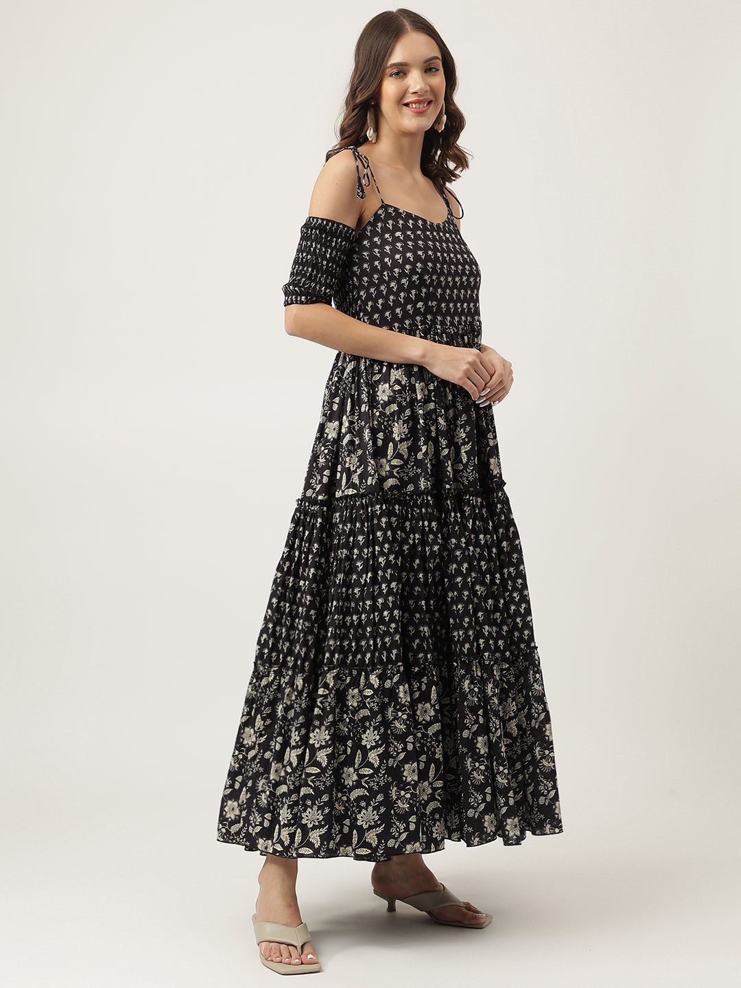 Eshani Floral Printed Cotton Cold Shoulder Tiered Dress