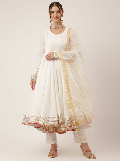 Eshani Off White Shree Ram Buta Cotton Layered Anarkali Kurta, Trouser With Dupatta