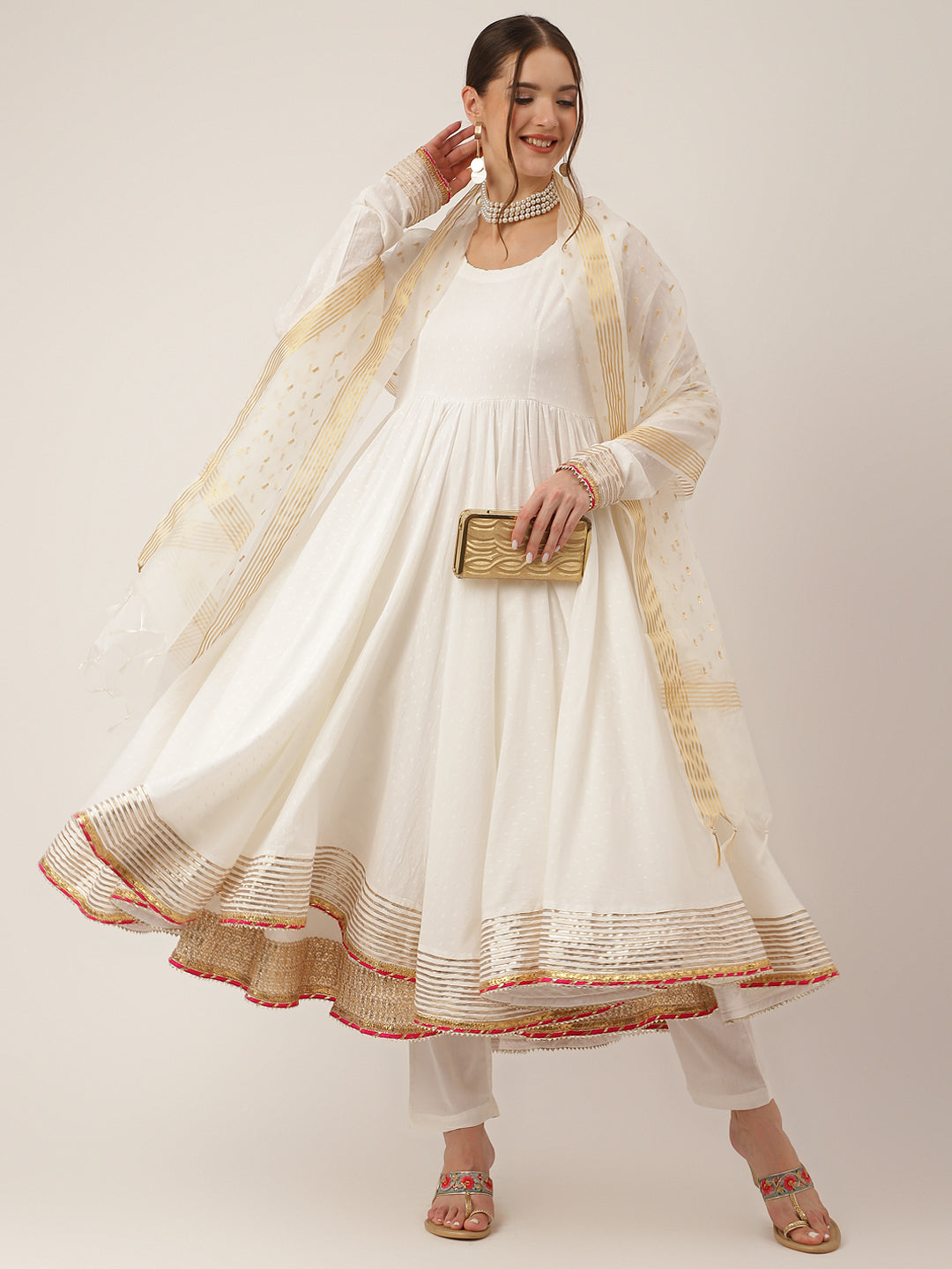 Eshani Off White Shree Ram Buta Cotton Layered Anarkali Kurta, Trouser With Dupatta