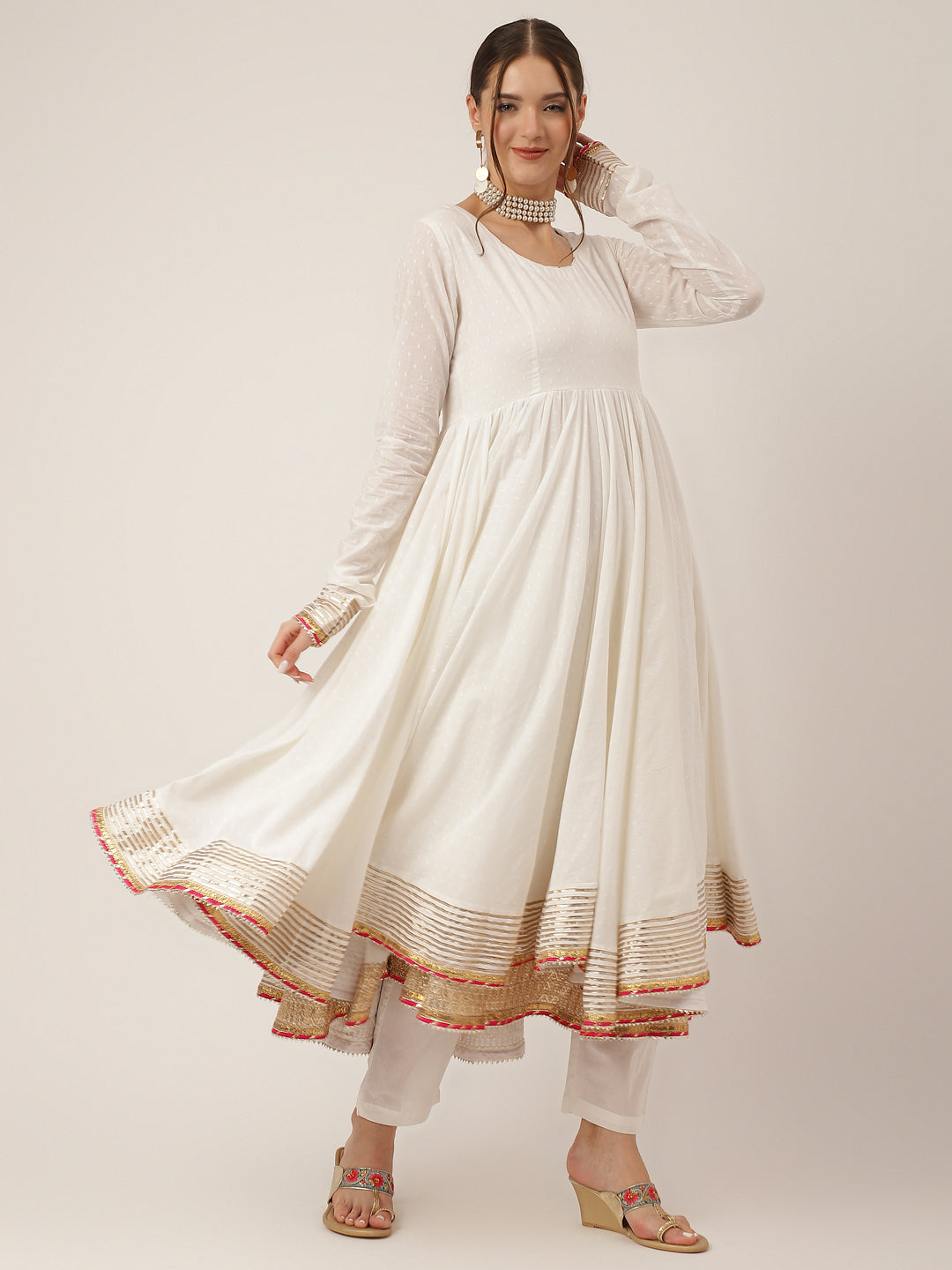 Eshani Off White Shree Ram Buta Cotton Layered Anarkali Kurta, Trouser With Dupatta