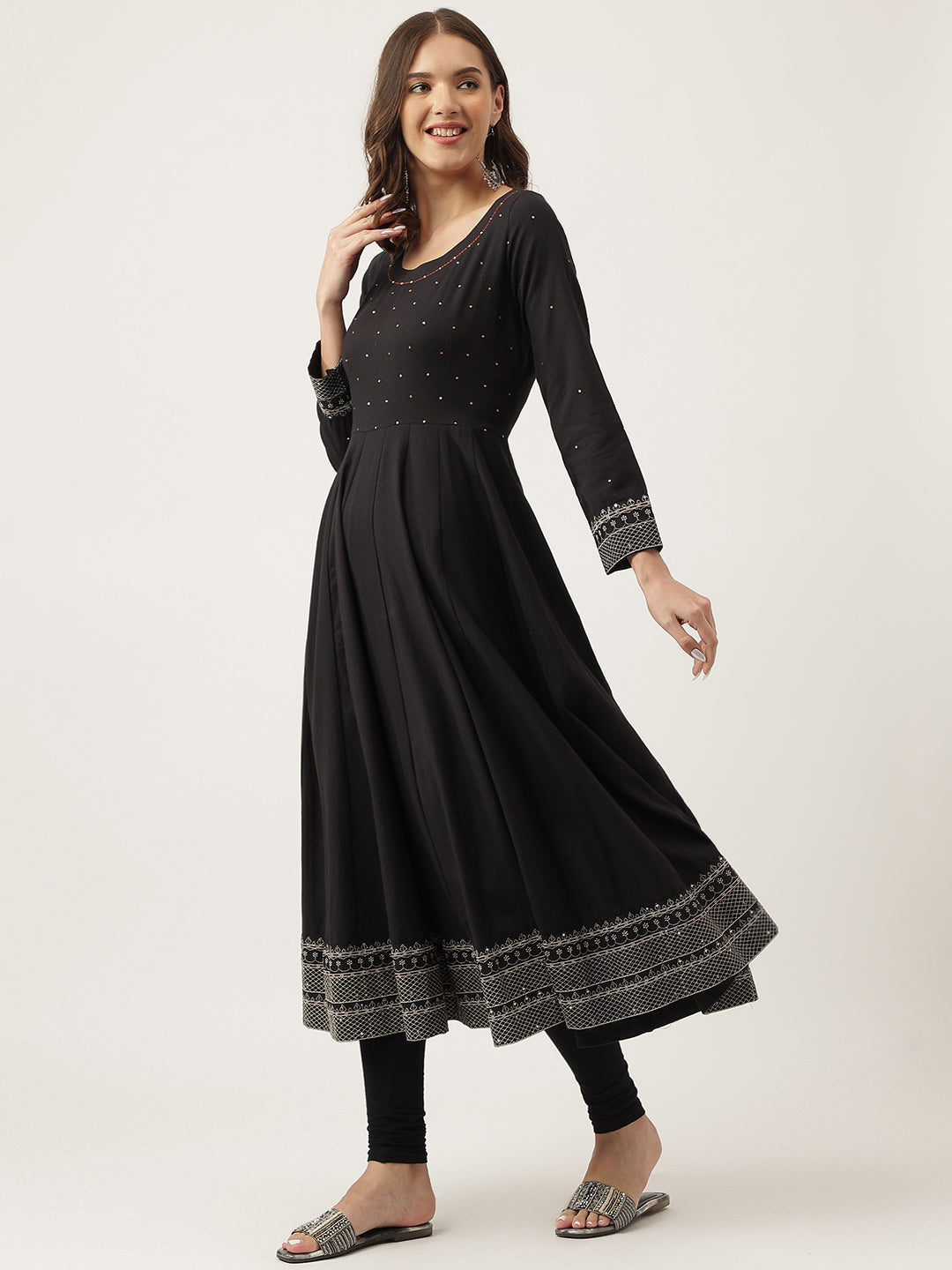 Eshani Black Embroidered Cotton Anarkali Kurta