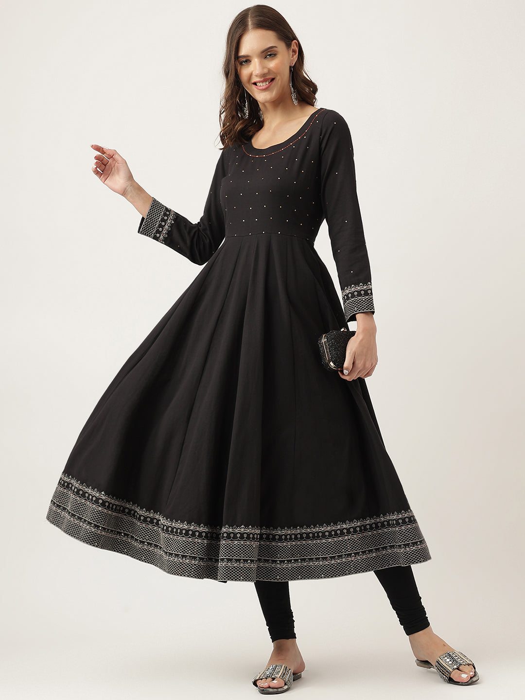 Eshani Black Embroidered Cotton Anarkali Kurta