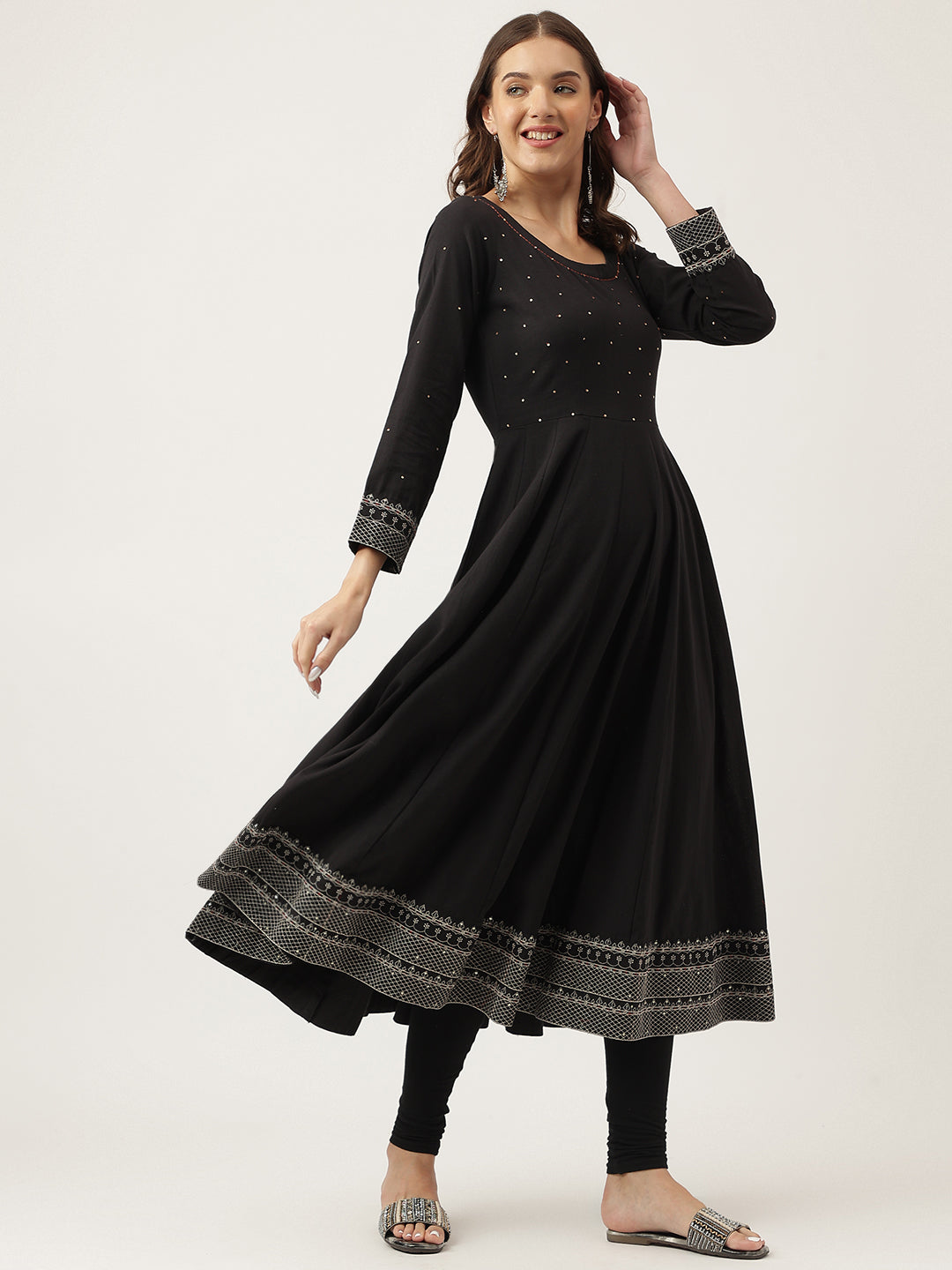 Eshani Black Embroidered Cotton Anarkali Kurta