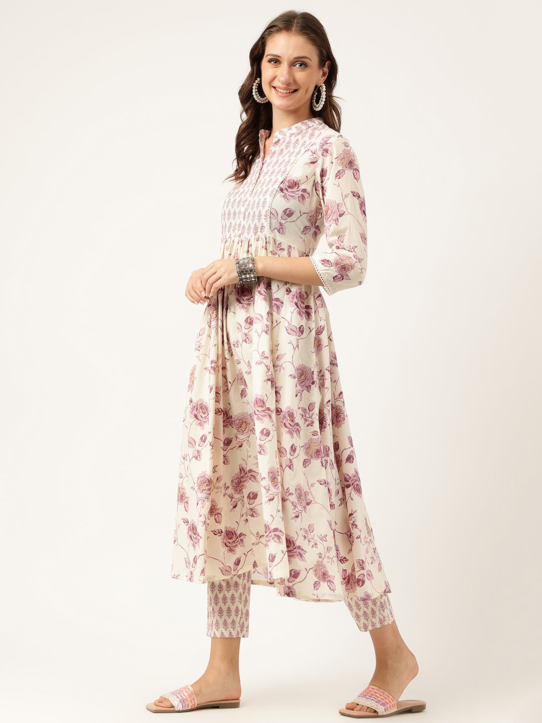 Eshani White Purple Floral Cotton Flared kurta with Pant set