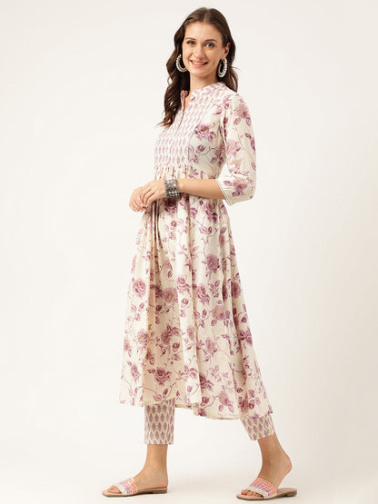 Eshani White Purple Floral Cotton Flared kurta with Pant set